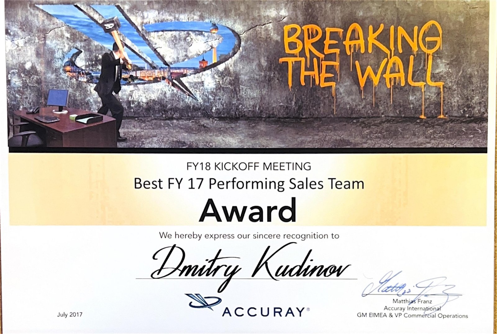 Best FY17 Performing Sales Team Award certificate