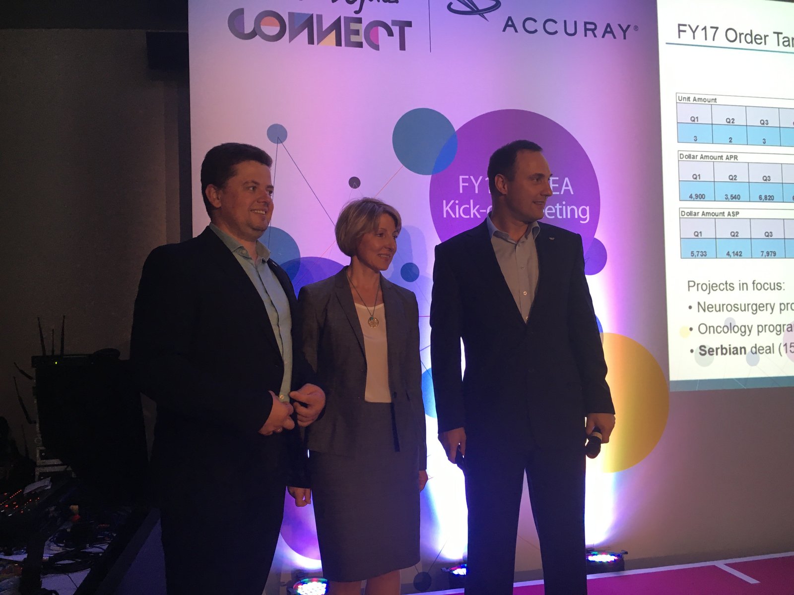 Dmitri Kudinov on stage at the Accuray EIMEA FY18 Kick-off Meeting, receiving the Best FY17 Performing Sales Team Award
