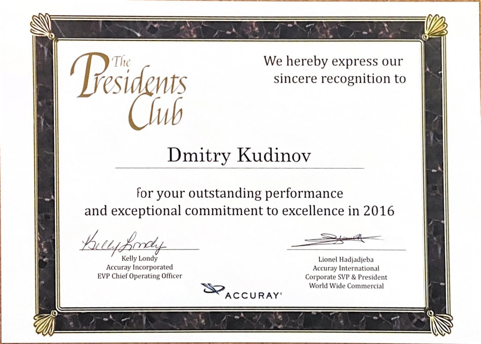 The Presidents Club Award certificate