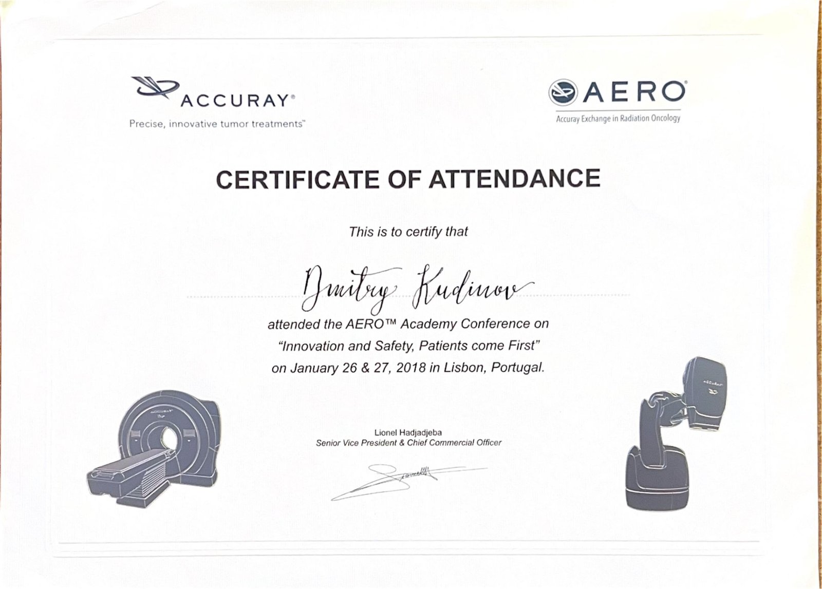 Accuray AERO Academy Conference certificate of attendance