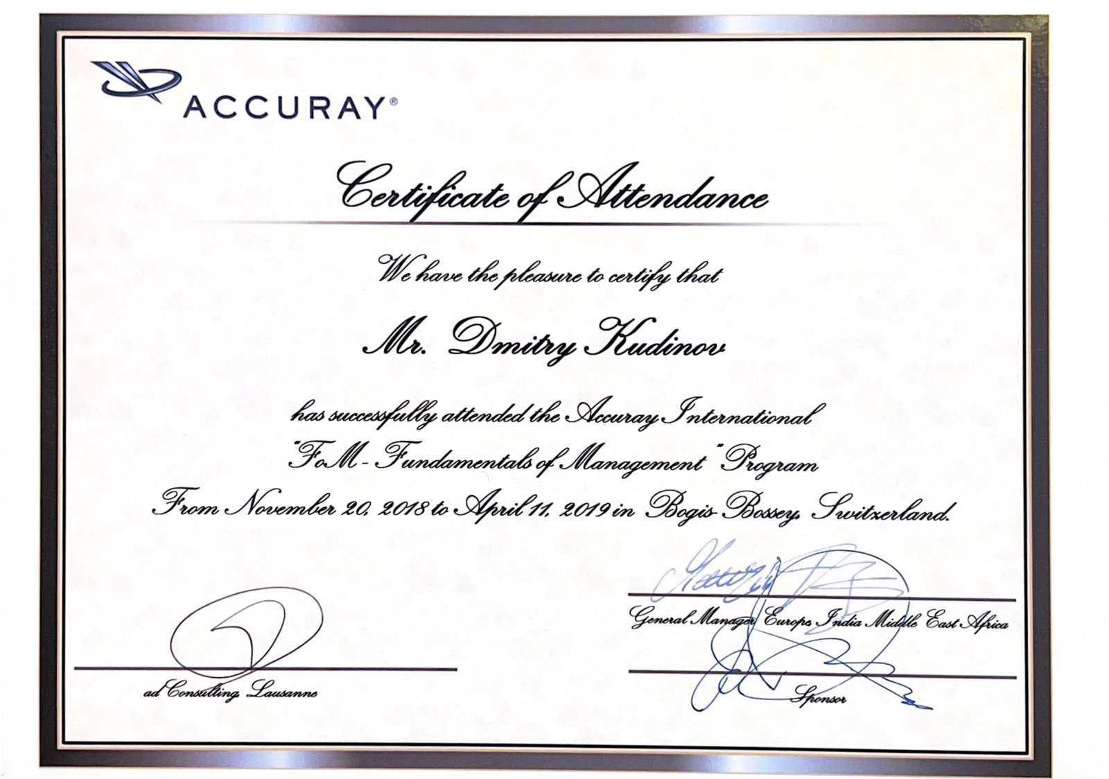 Accuray Fundamentals of Management Program certificate