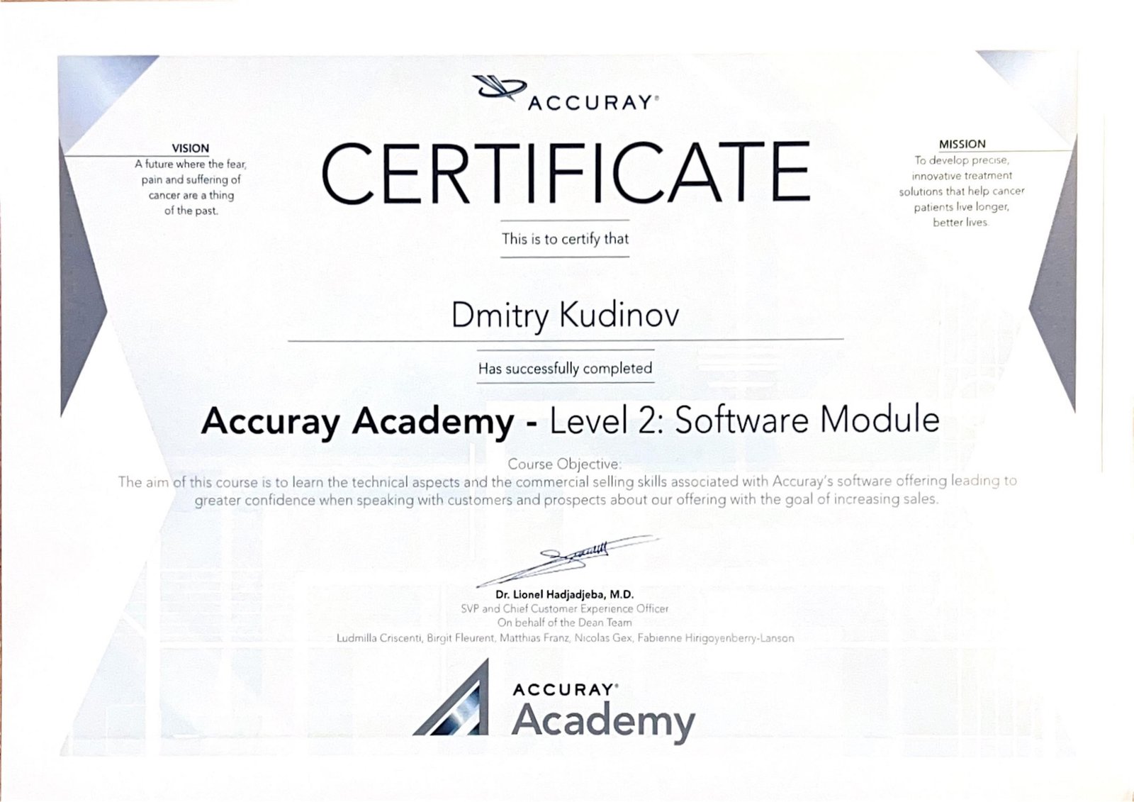 Accuray Academy Level 2 Software Module certificate