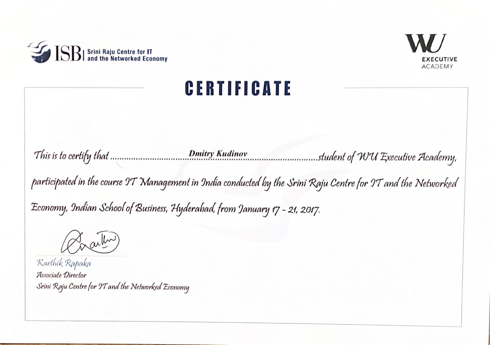 IT Management in India certificate, Indian School of Business