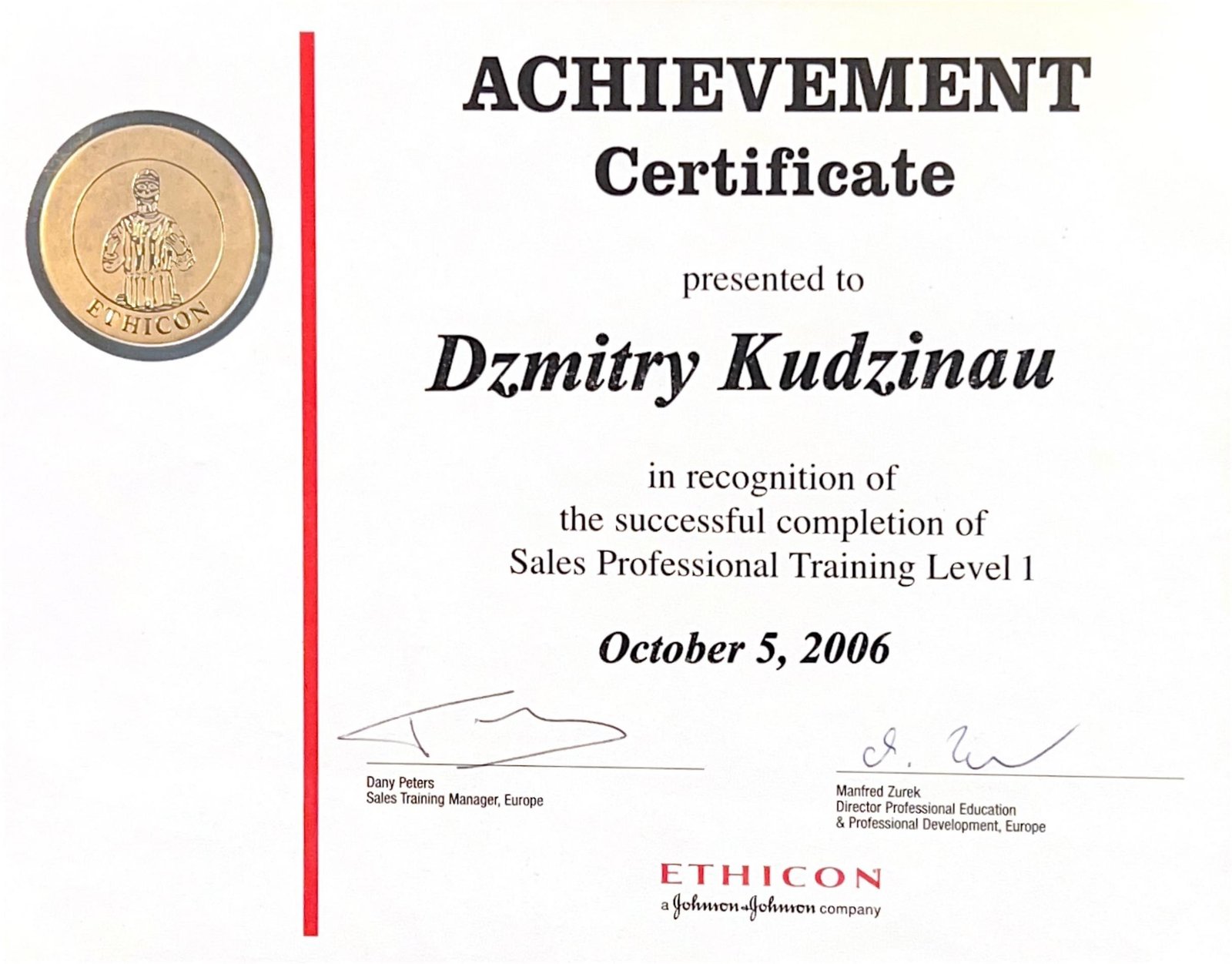 Ethicon Sales Professional Training Level 1 certificate, 2006