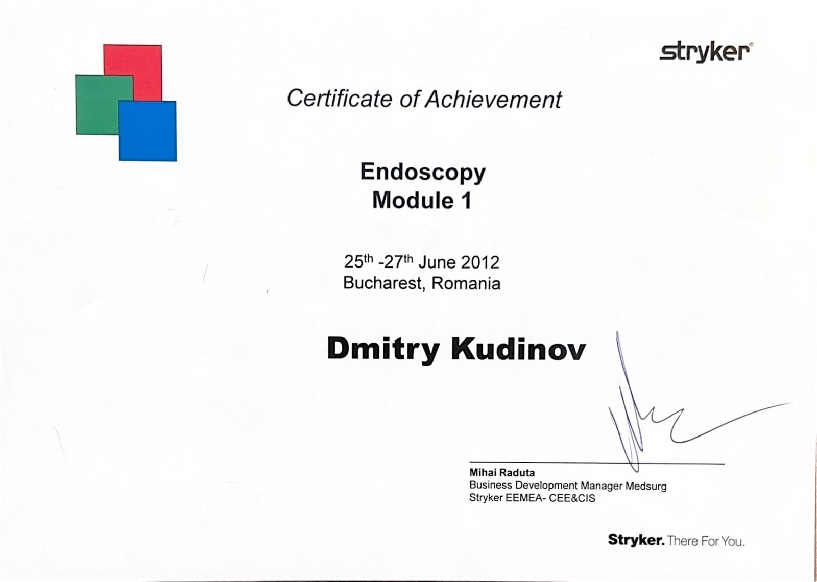Stryker Endoscopy Module 1 certificate, Bucharest, Romania, 2012