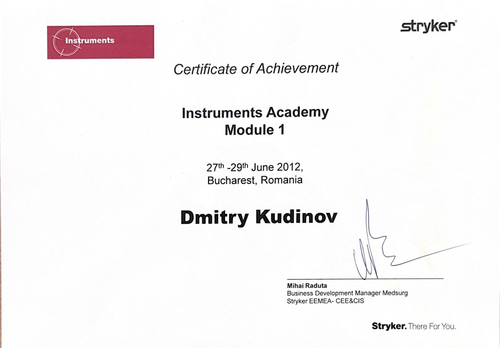 Stryker Instruments Academy Module 1 certificate, Bucharest, Romania, 2012