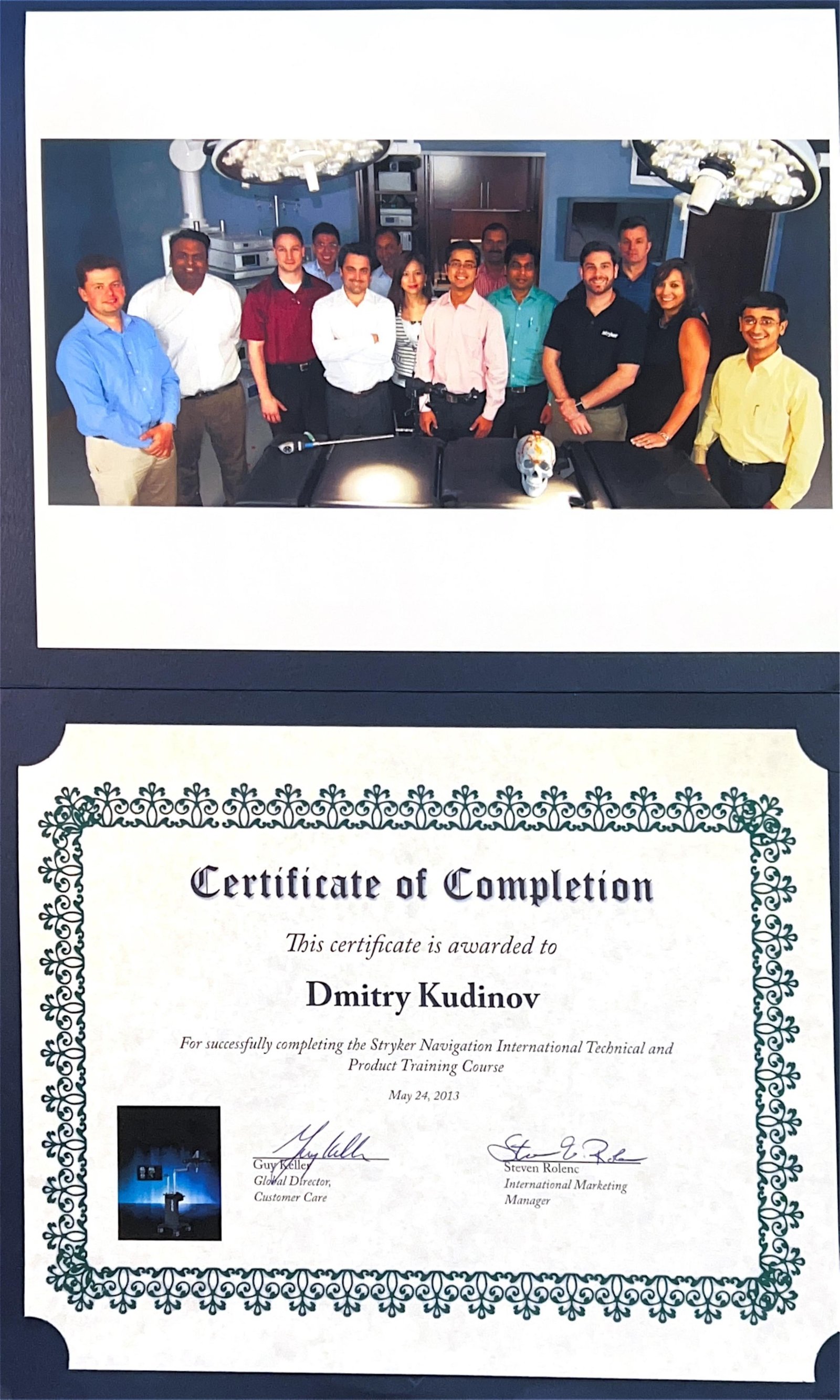 Stryker Navigation International Technical and Product Training certificate, with training photo
