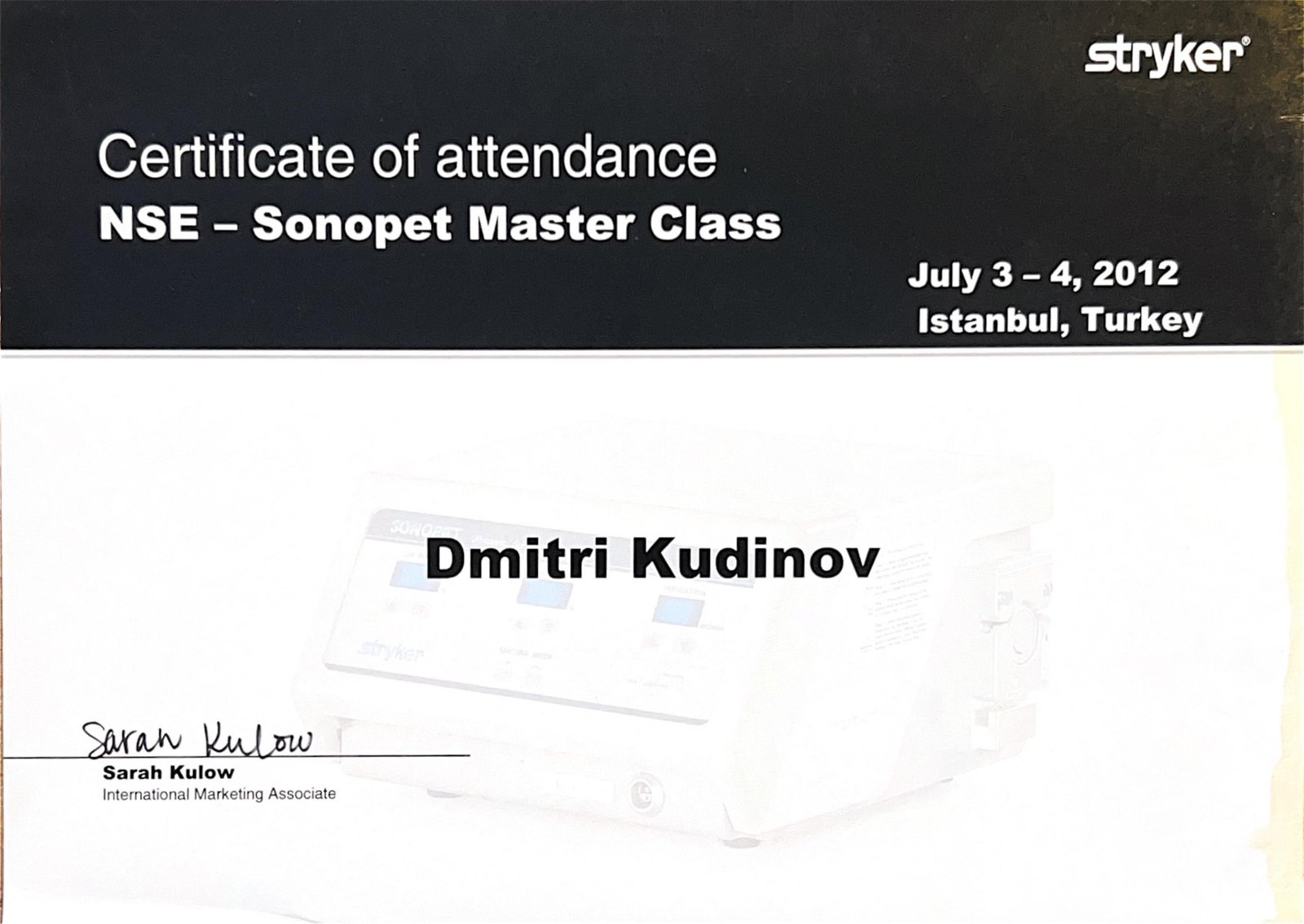 Stryker Sonopet Master Class certificate, Istanbul, Turkey, 2012