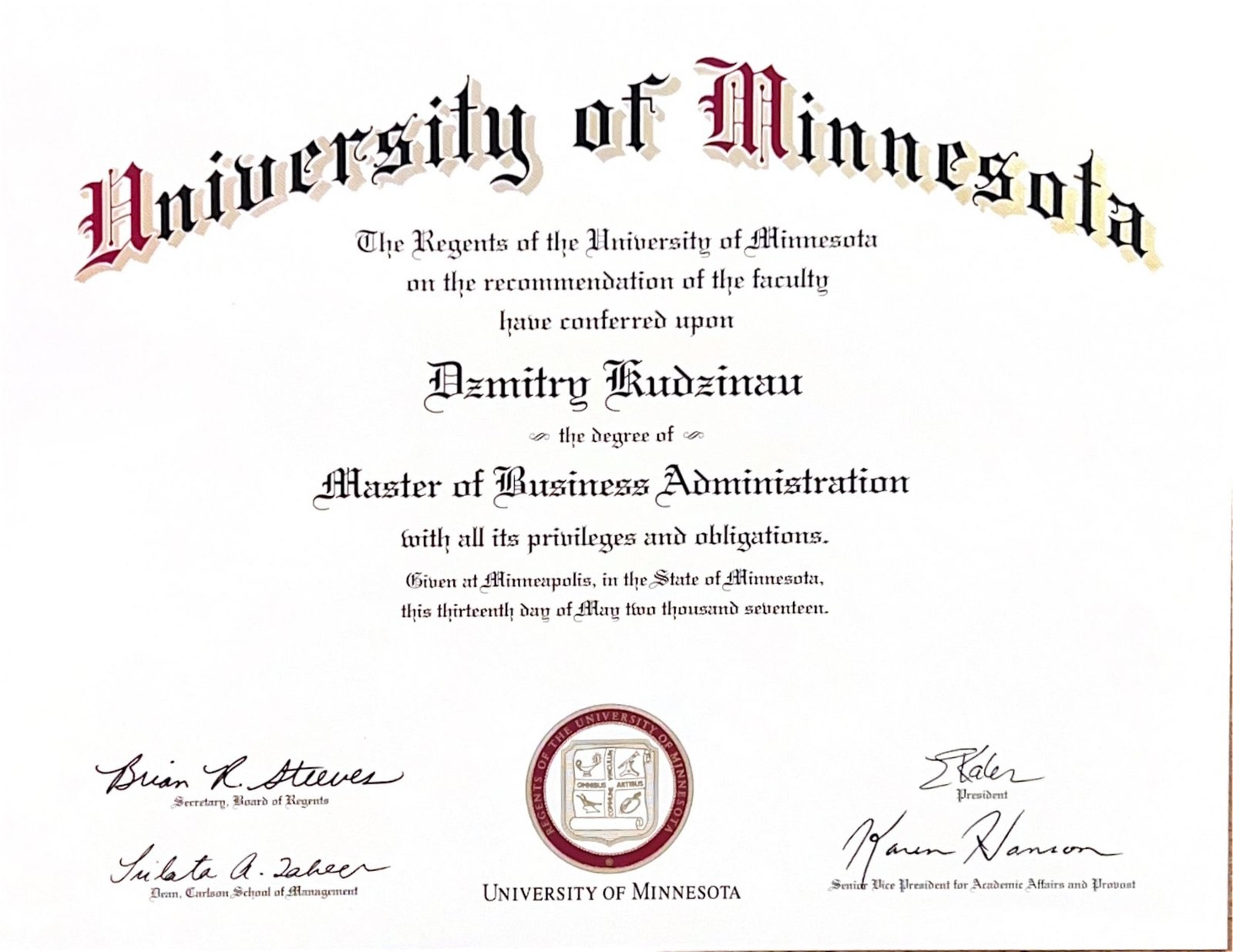 University of Minnesota MBA diploma