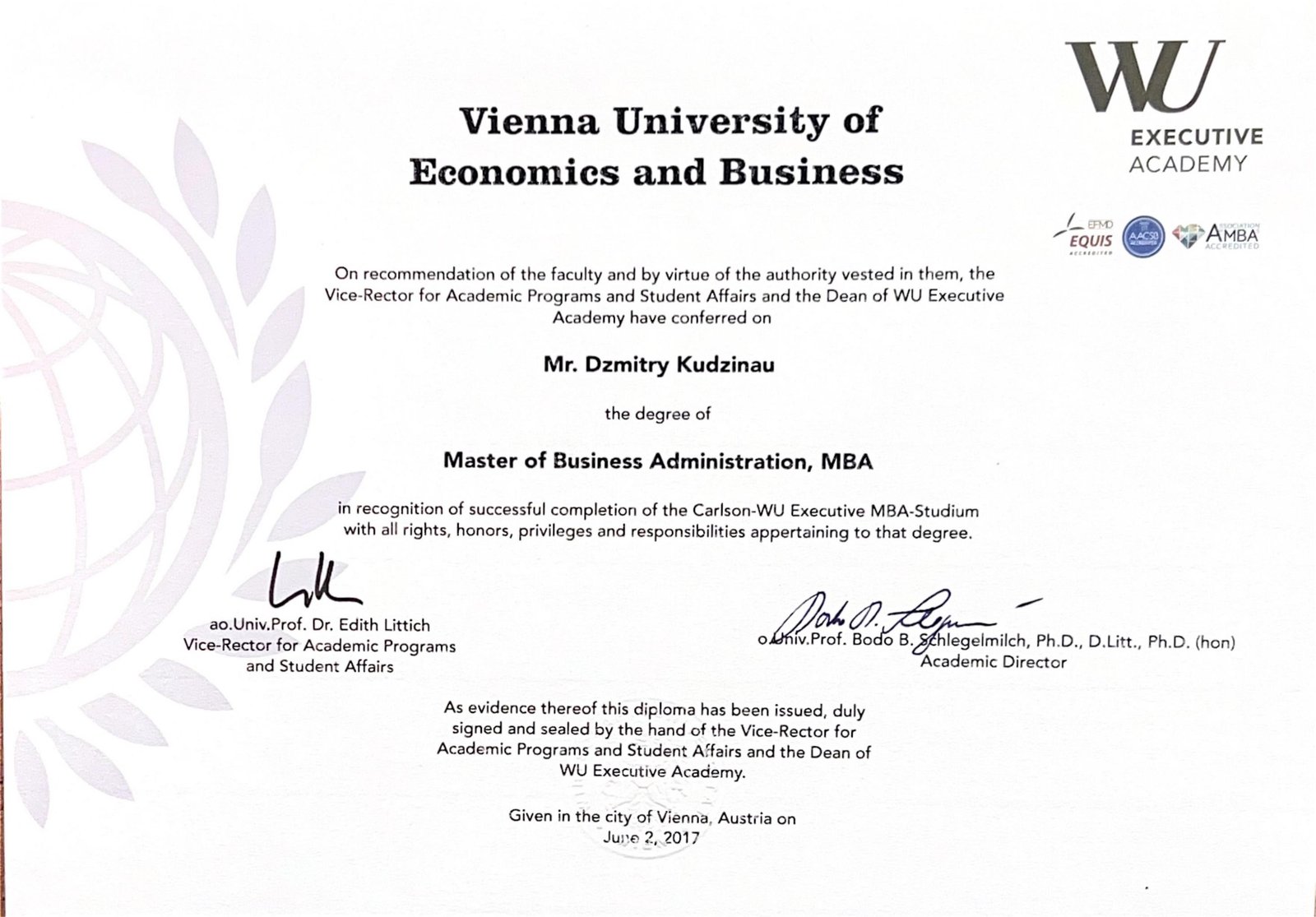 WU Executive Academy MBA diploma